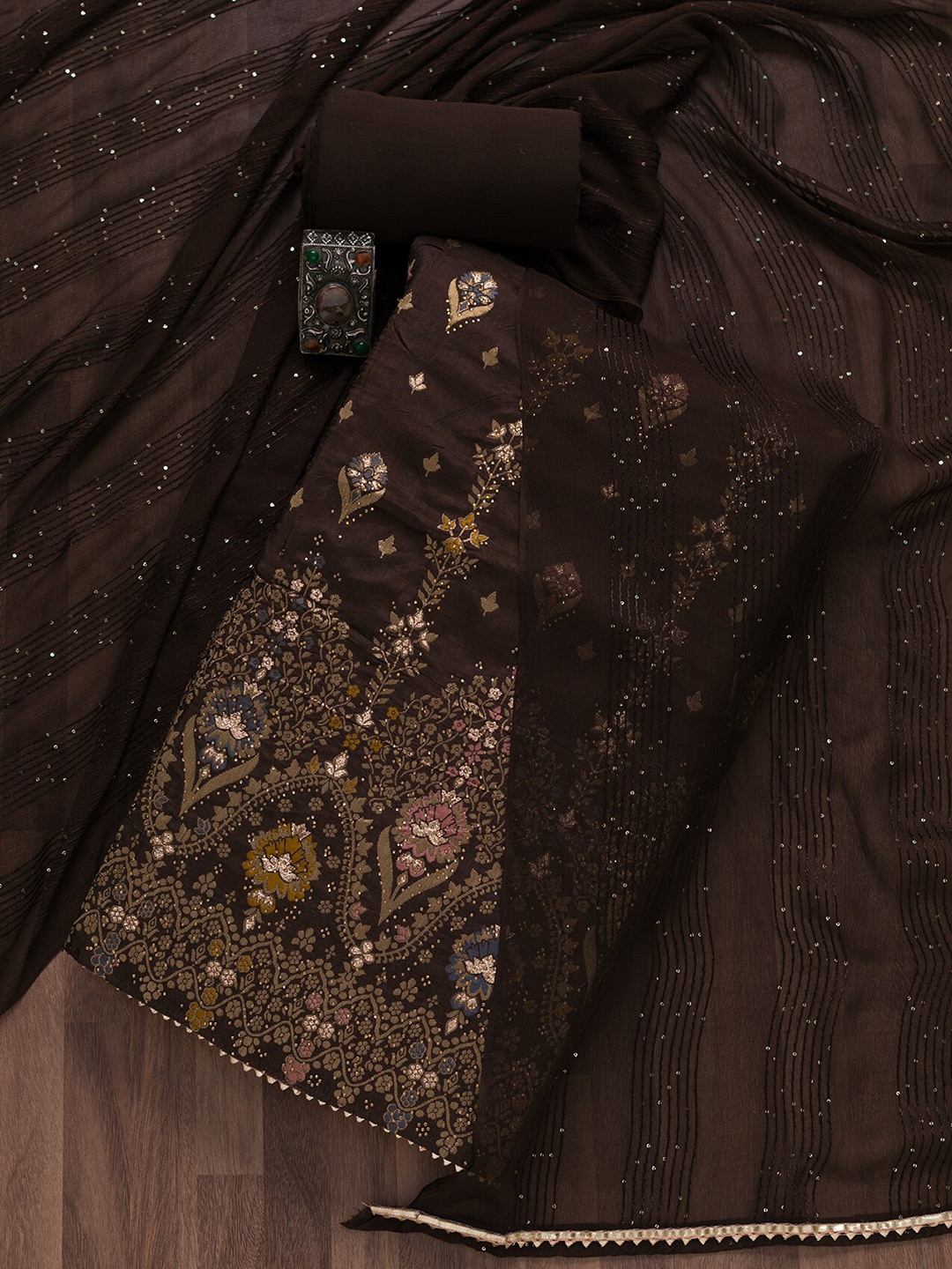 

Koskii Floral Woven Design Unstitched Dress Material, Brown