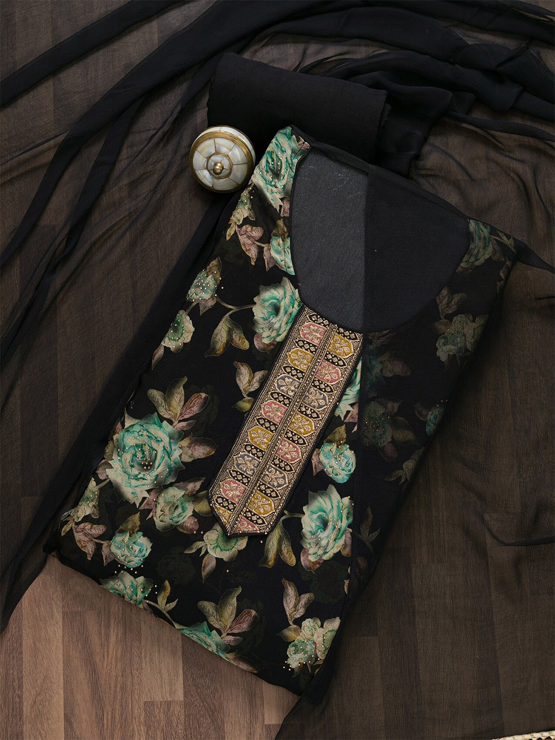 

Koskii Floral Printed Unstitched Dress Material, Black