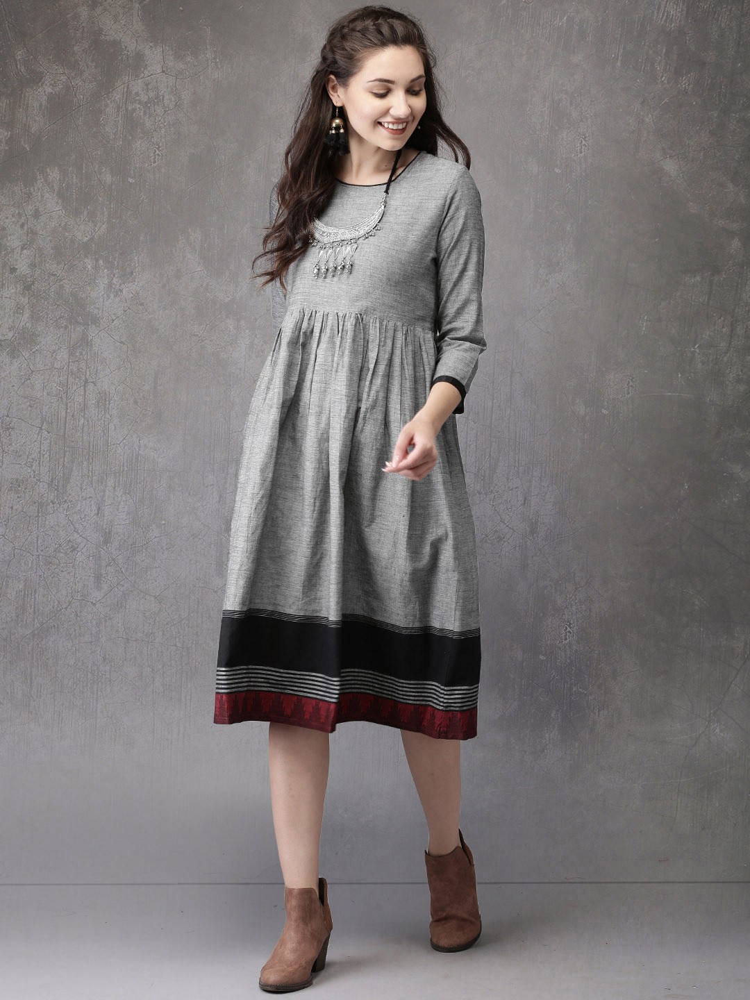 

Anouk Women Grey Solid A-Line Dress