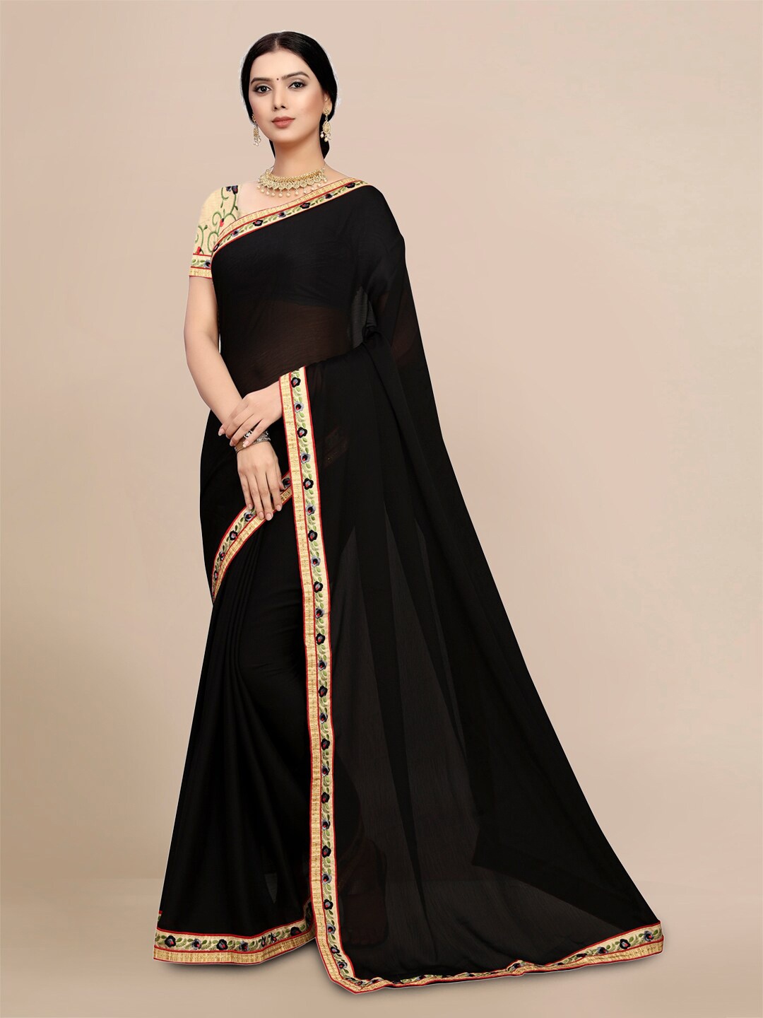 

Mitera Phulkari Pure Chiffon Saree, Black