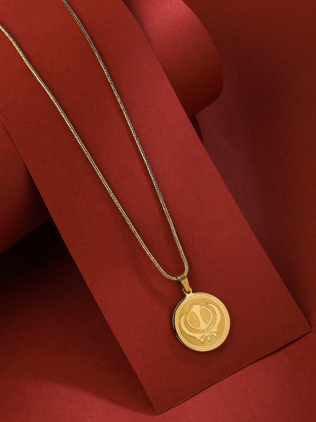 

VIRAASI Stainless Steel Gold Plated Sikh Khanda Engraved Pendant with Chain Necklace