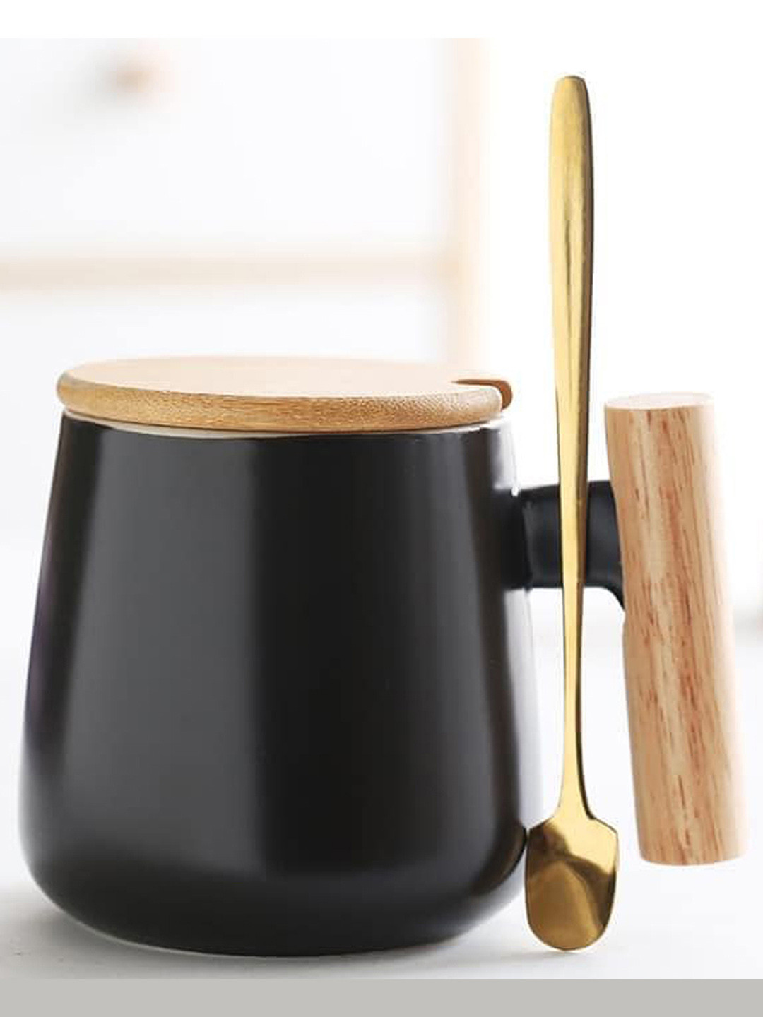 

BonZeaL Black & Brown Solid Ceramic Matte Mug with Wood Lid Steel Spoon 385 ml