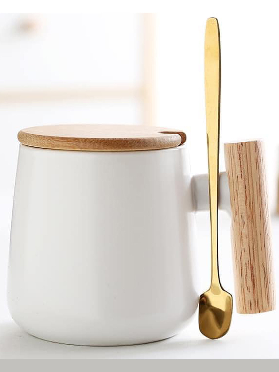

BonZeaL White & Gold-Toned 3D Ceramic Royal Classy Mug With Wood Lid Steel Spoon 385 ml