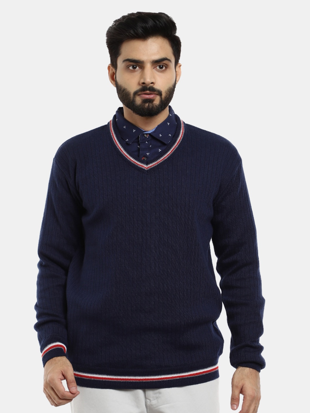 

V-Mart Men Self Design V Neck Sweatshirt, Navy blue