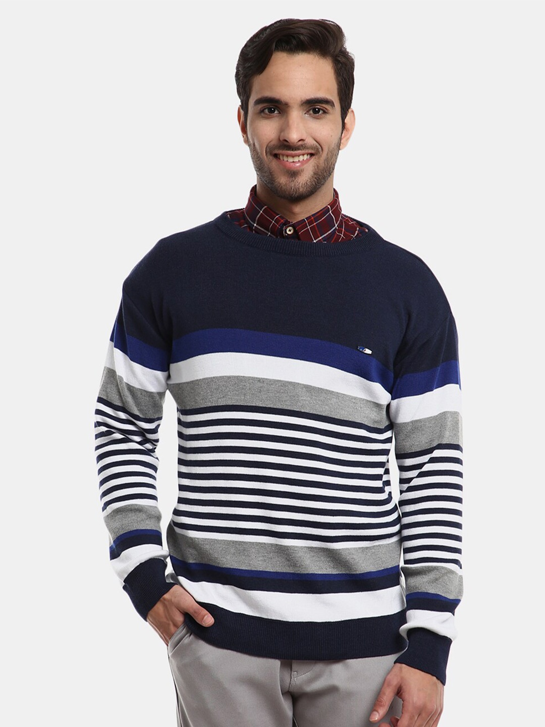 

V-Mart Men Round Neck Striped Sweatshirt, Navy blue