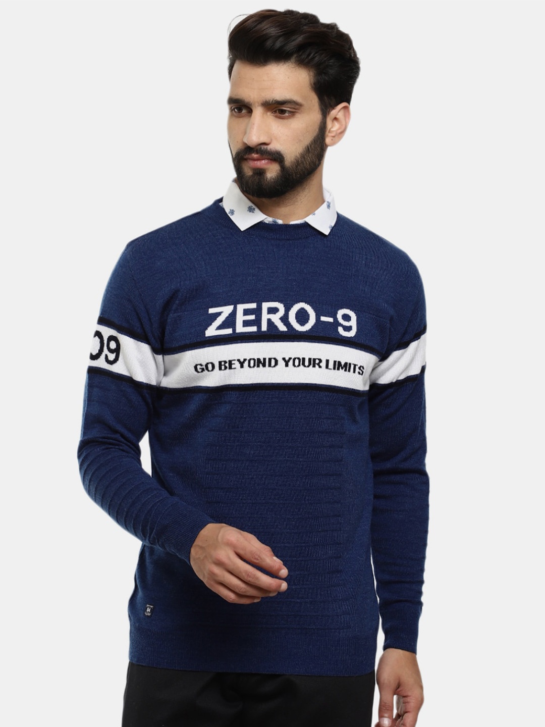 

V-Mart Men Self Design Round Neck Pullover Sweater, Blue