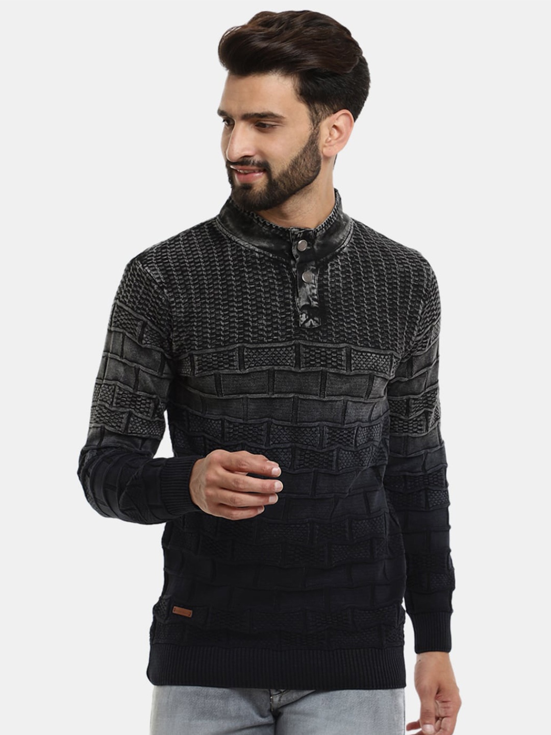 

V-Mart Men Self Design Henley Neck Sweater, Grey