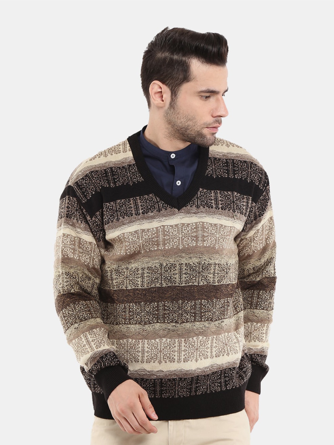 

V-Mart Men V Neck Striped Sweatshirt, Black
