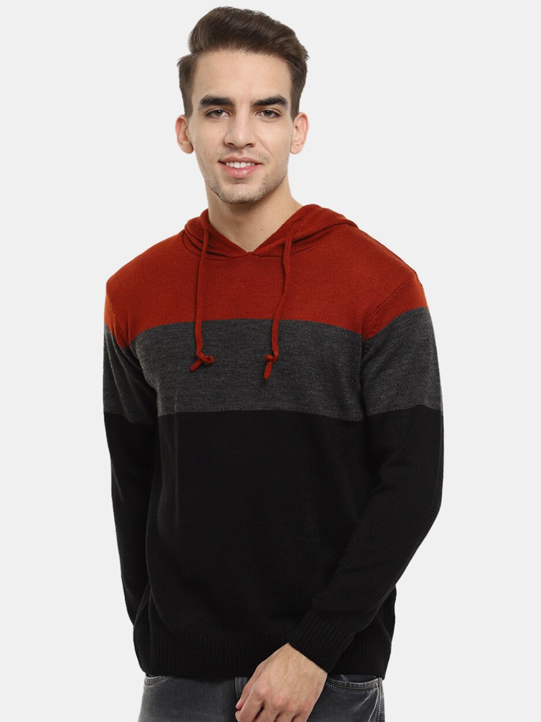 

V-Mart Men Colourblocked Hooded Woolen Sweatshirt, Rust
