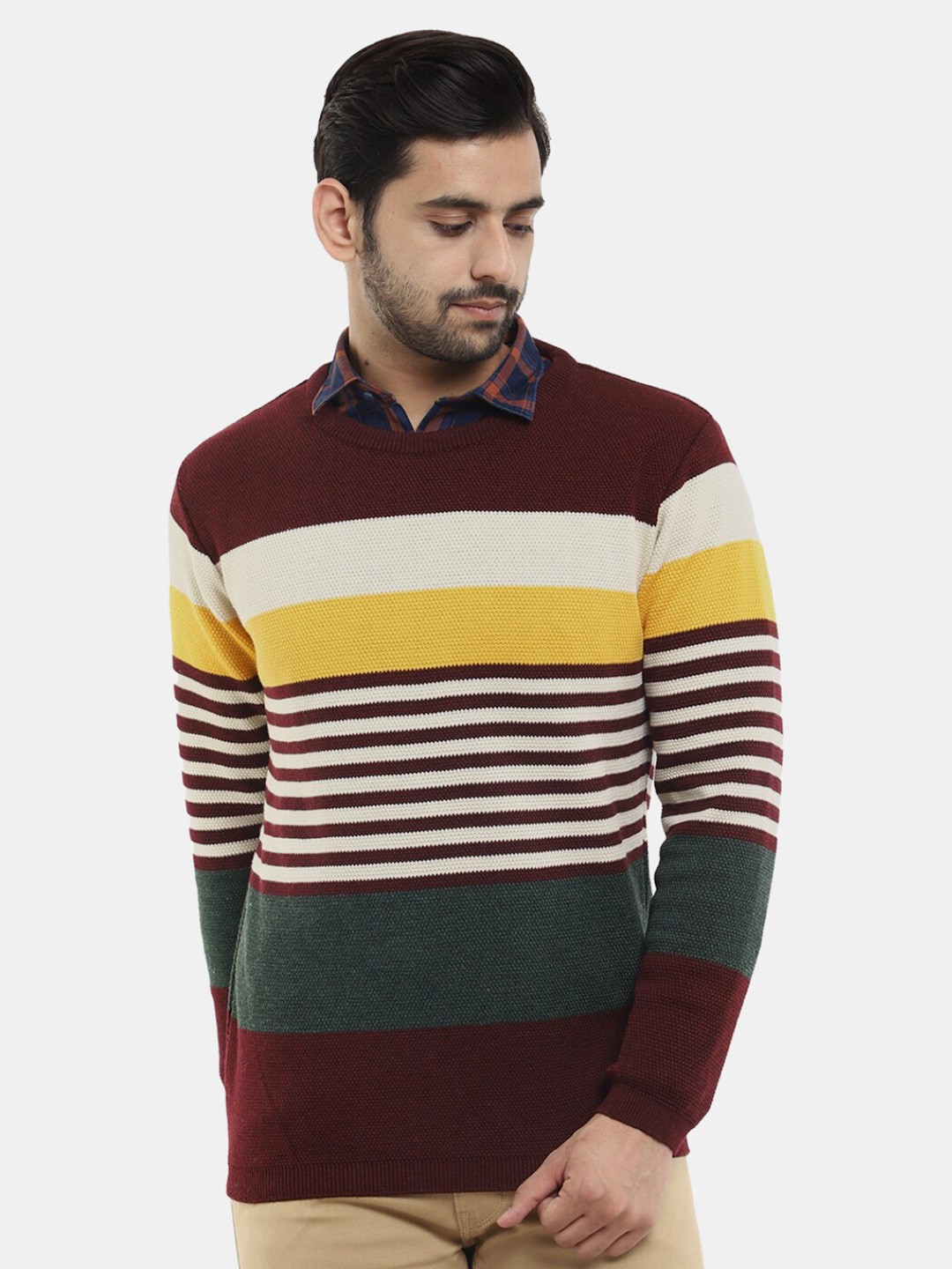 

V-Mart Men Striped Round Neck Sweater, Red