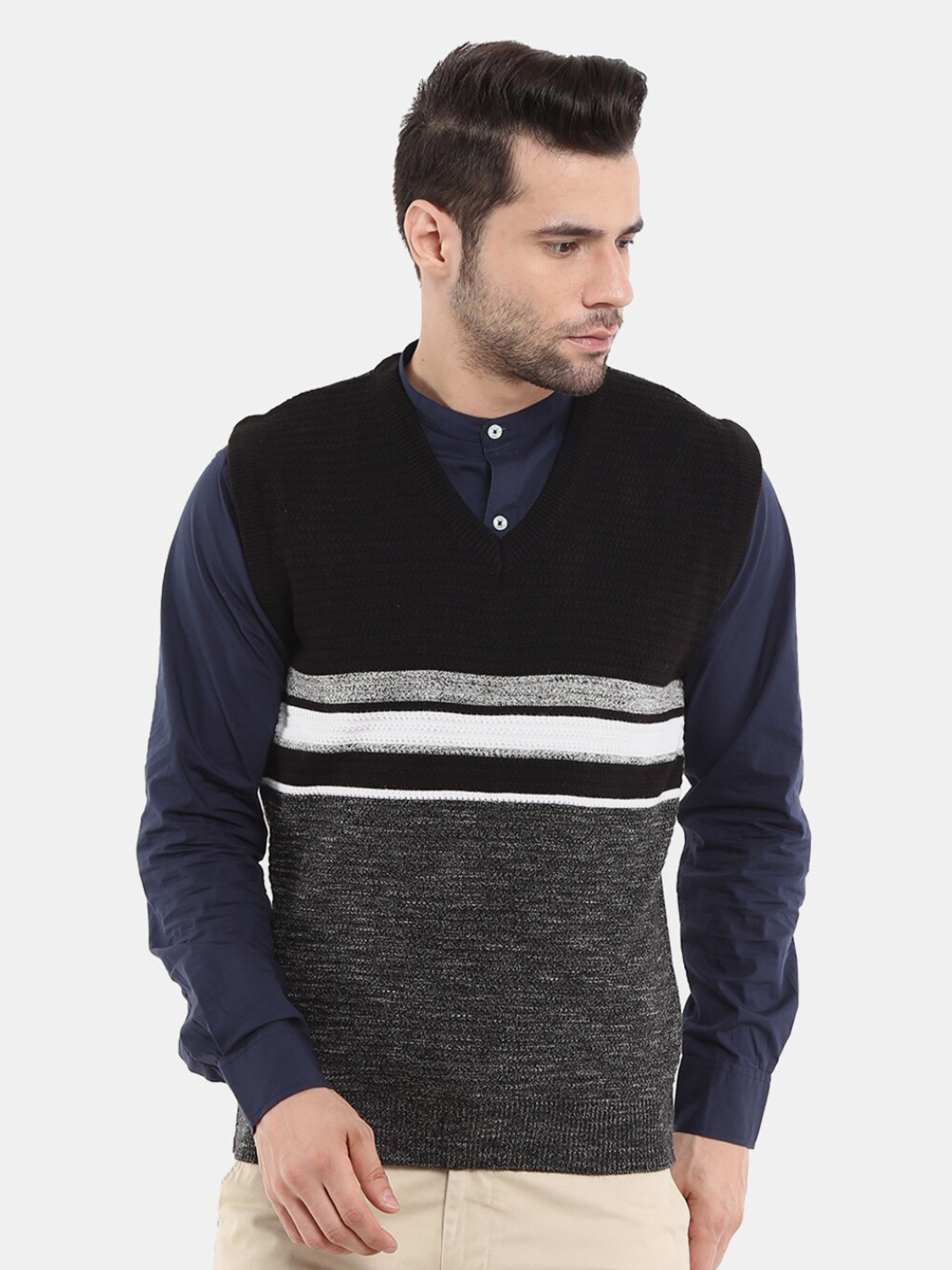 

V-Mart Men Striped Woolen Pullover Sweater, Black