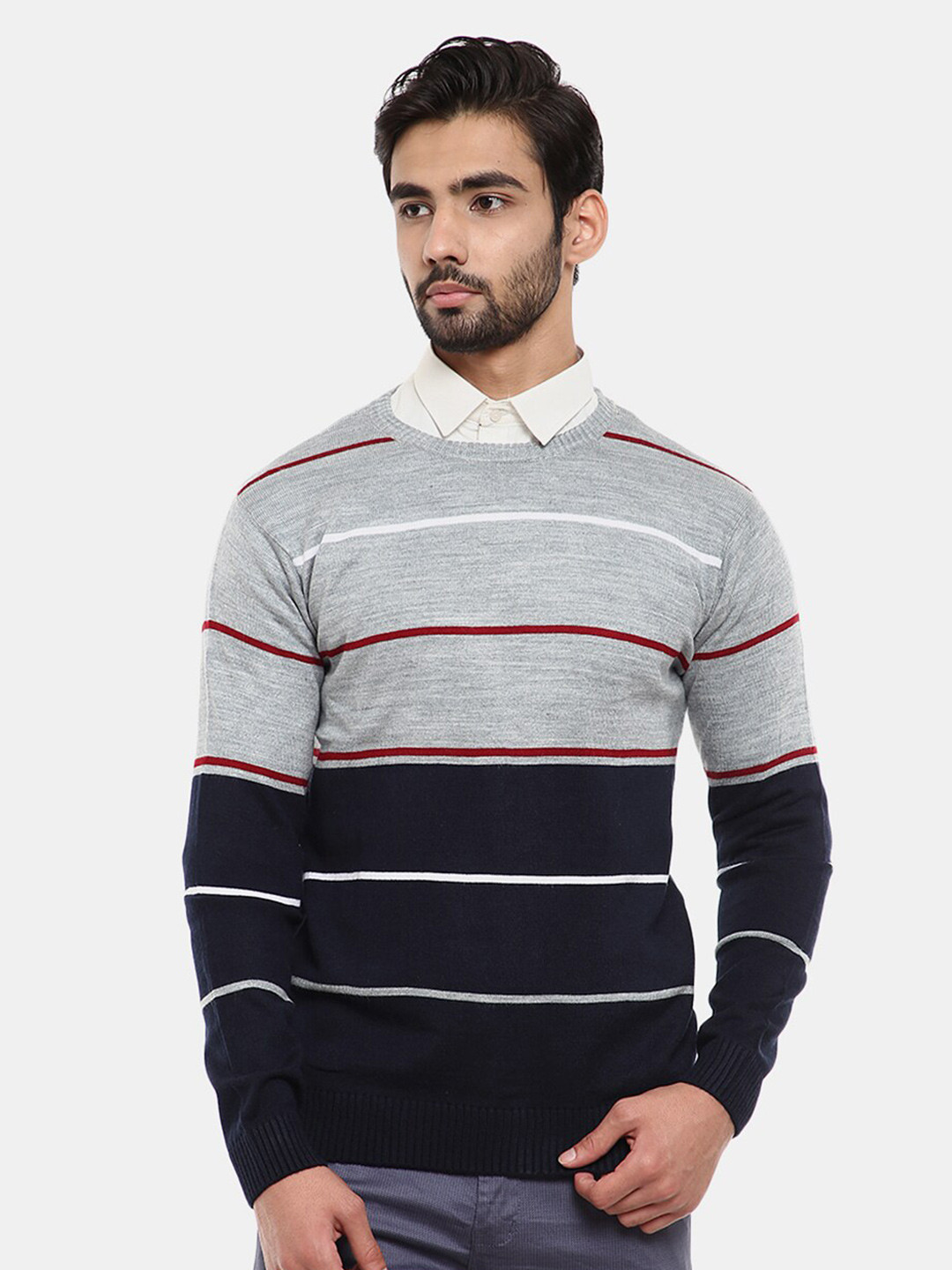 

V-Mart Men Striped Woolen Pullover Sweatshirt, Navy blue