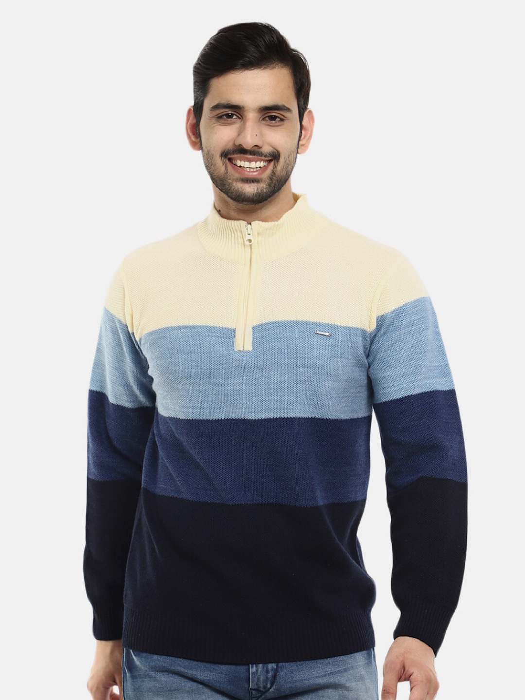

V-Mart Men Colourblocked Henley Neck Sweater, Navy blue