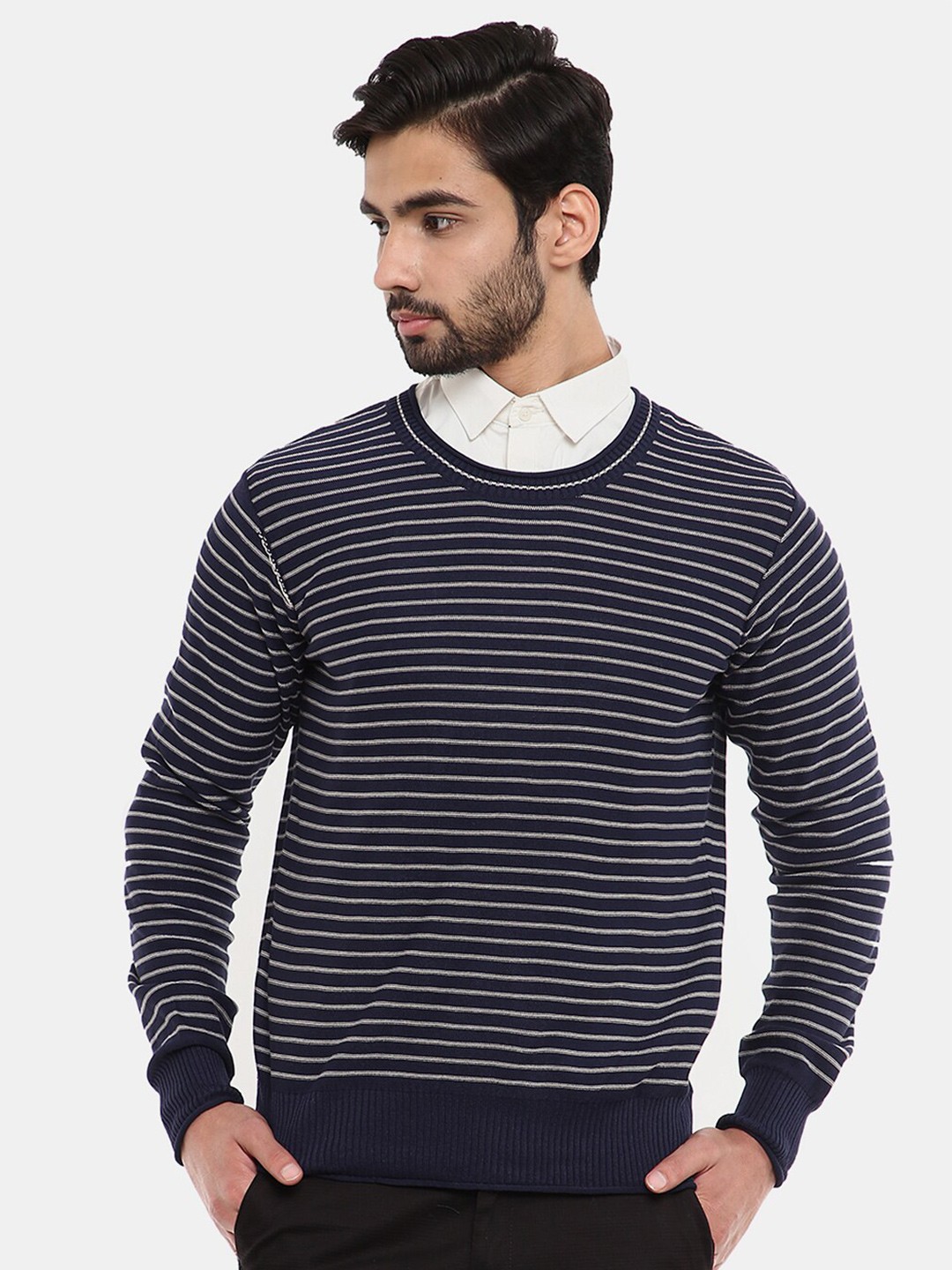 

V-Mart Men Striped Fleece Sweatshirt, Navy blue