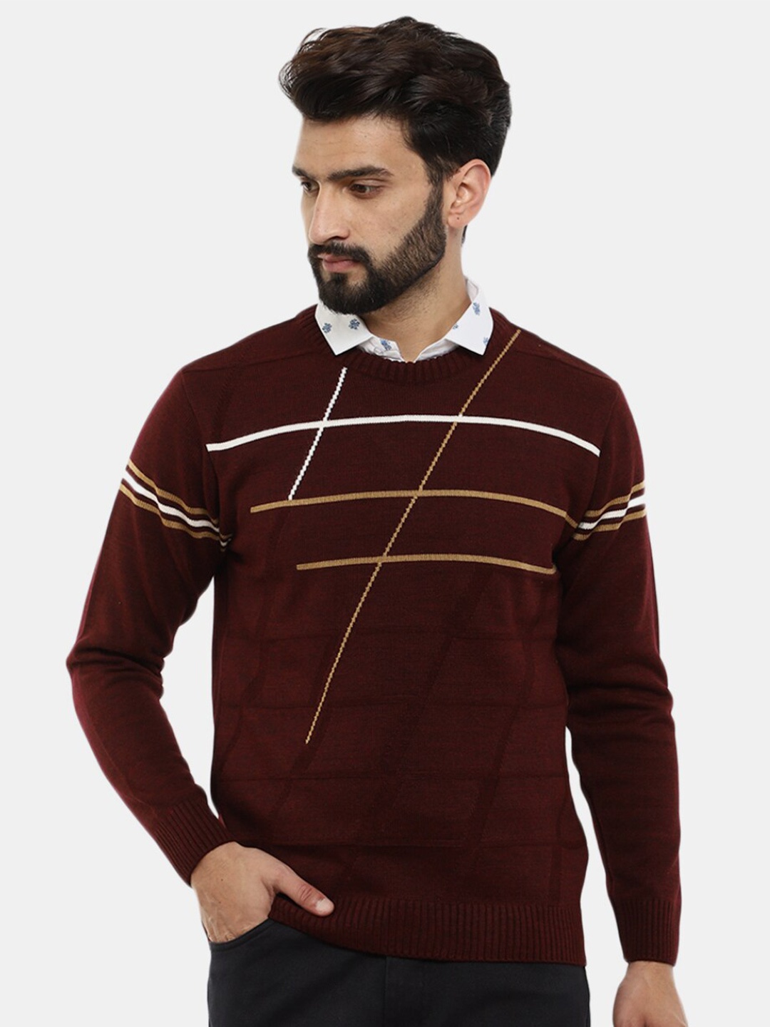 

V-Mart Men Striped Woolen Pullover, Maroon