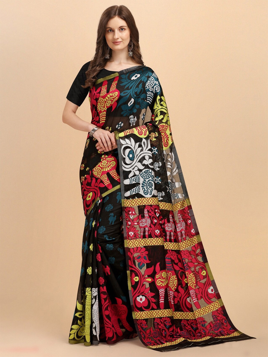 

TEREZA Ethnic Motifs Silk Cotton Jamdani Saree, Black