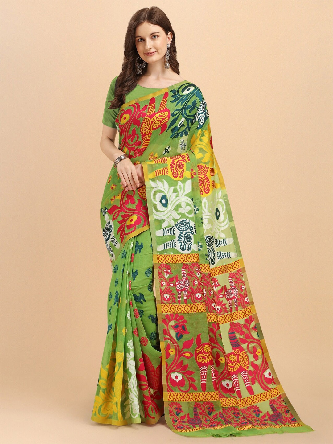 

TEREZA Woven Design Zari Silk Cotton Jamdani Saree, Fluorescent green
