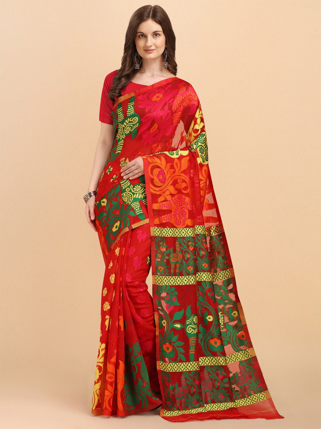 

TEREZA Woven Design Silk Cotton Jamdani Saree, Orange