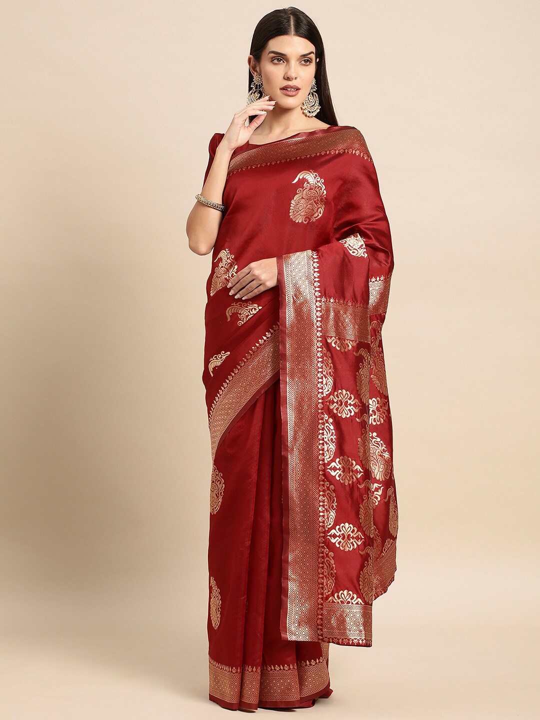 

KALINI Paisley Zari Banarasi Saree, Maroon