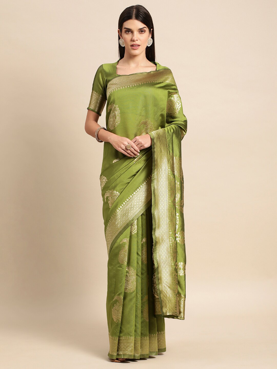 

KALINI Ethnic Motifs Zari Banarasi Saree, Olive