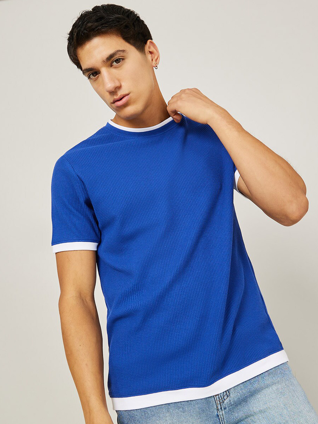 

Styli Contrast Detail Waffle Cotton T-shirt, Blue