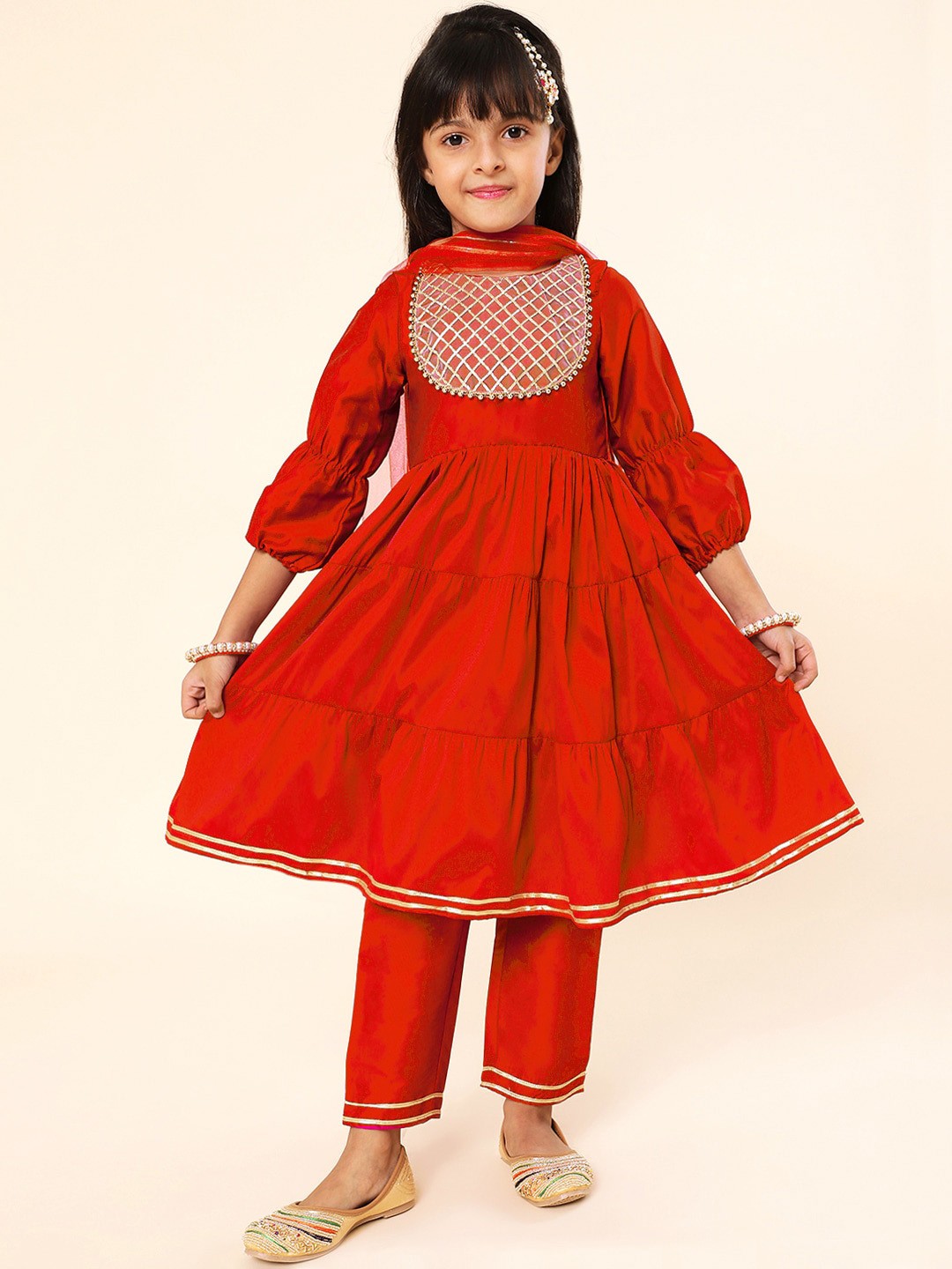 

A.T.U.N. Girls Red Embroidered Tiered Gotta Patti Kurta with Trousers & With Dupatta