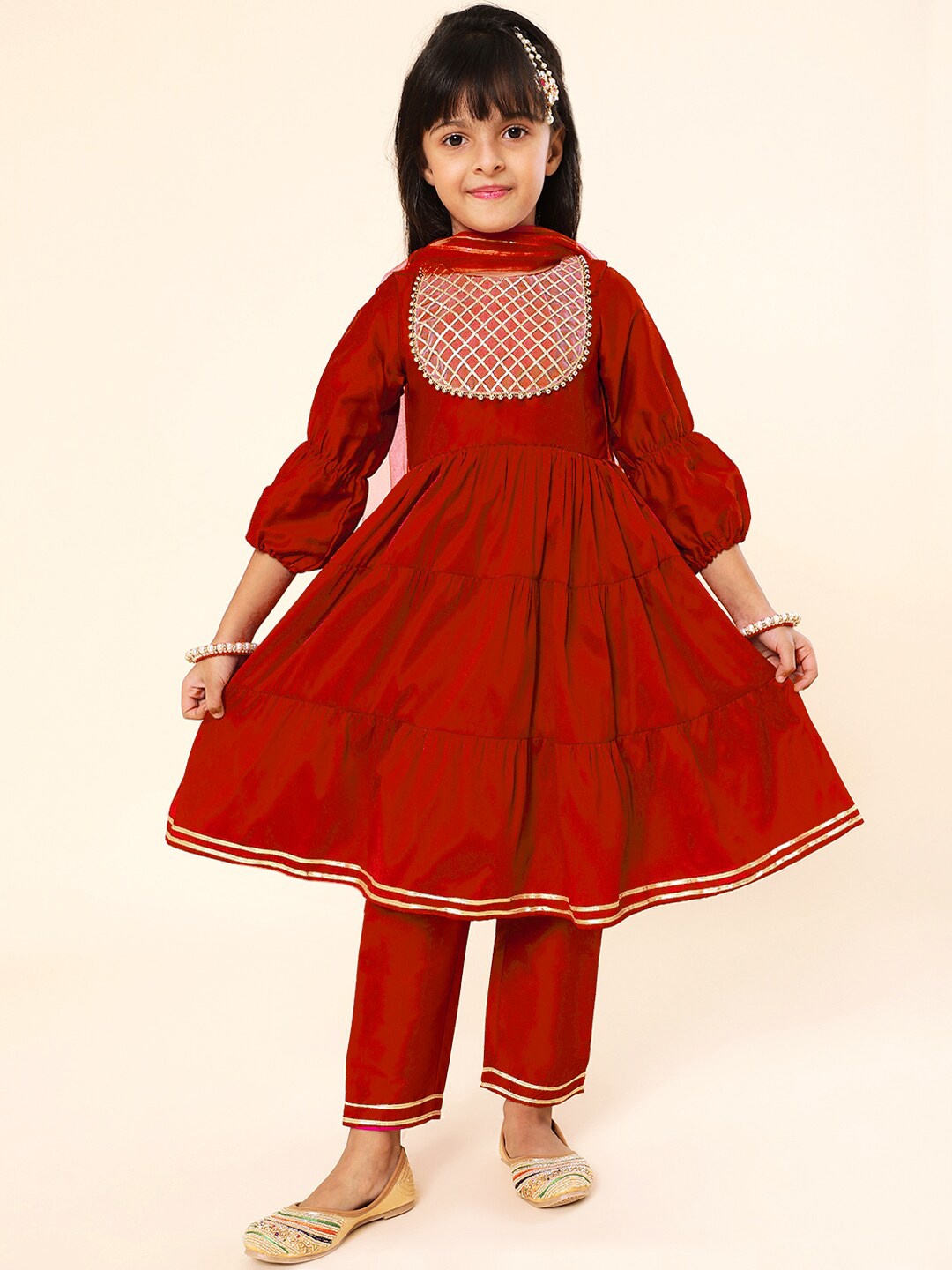 

A.T.U.N. Girls Tiered Thread Work Kurta with Trousers & Dupatta, Maroon