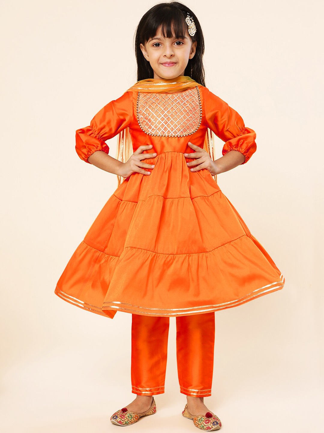 

A.T.U.N. Girls Orange Tiered Gotta Patti Kurta with Trousers & With Dupatta