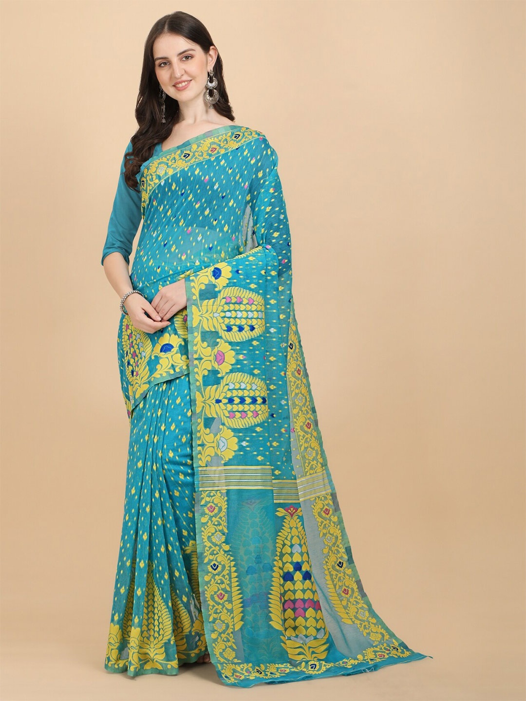 

TEREZA Woven Design Zari Silk Cotton Jamdani Saree, Turquoise blue