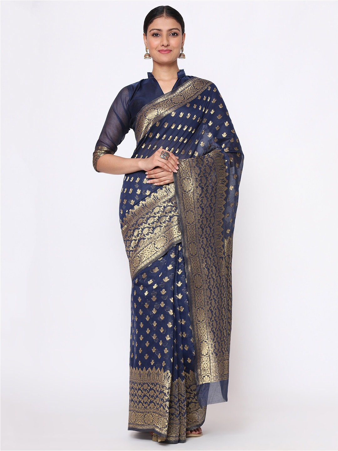 

KALINI Ethnic Motifs Zari Saree, Navy blue