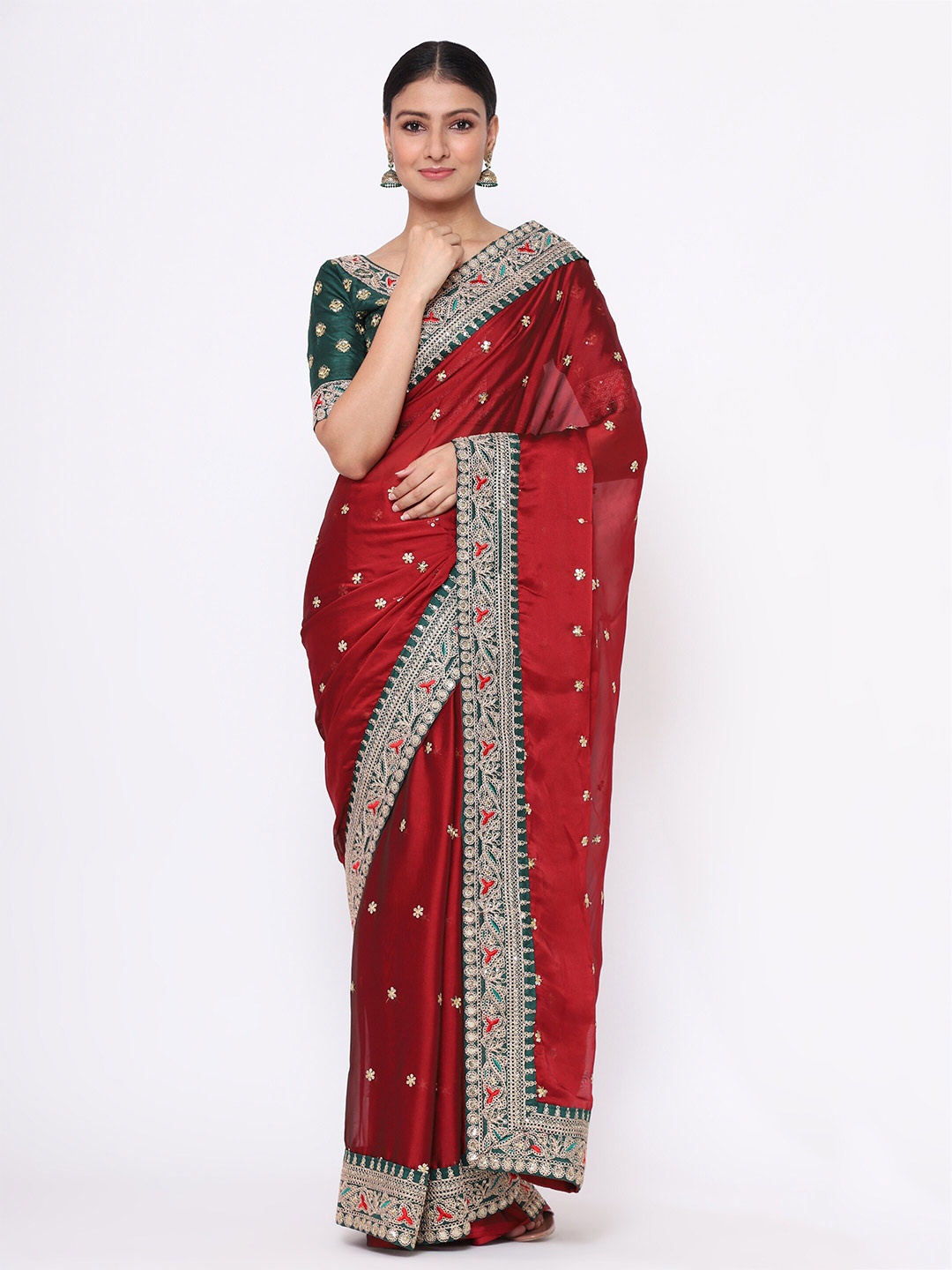 

KALINI Floral Sequinned Silk Blend Saree, Maroon