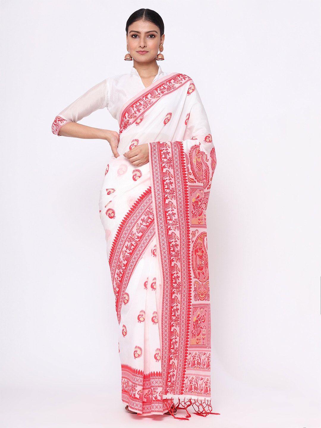 

KALINI Ethnic Motifs Silk Blend Banarasi Saree, White