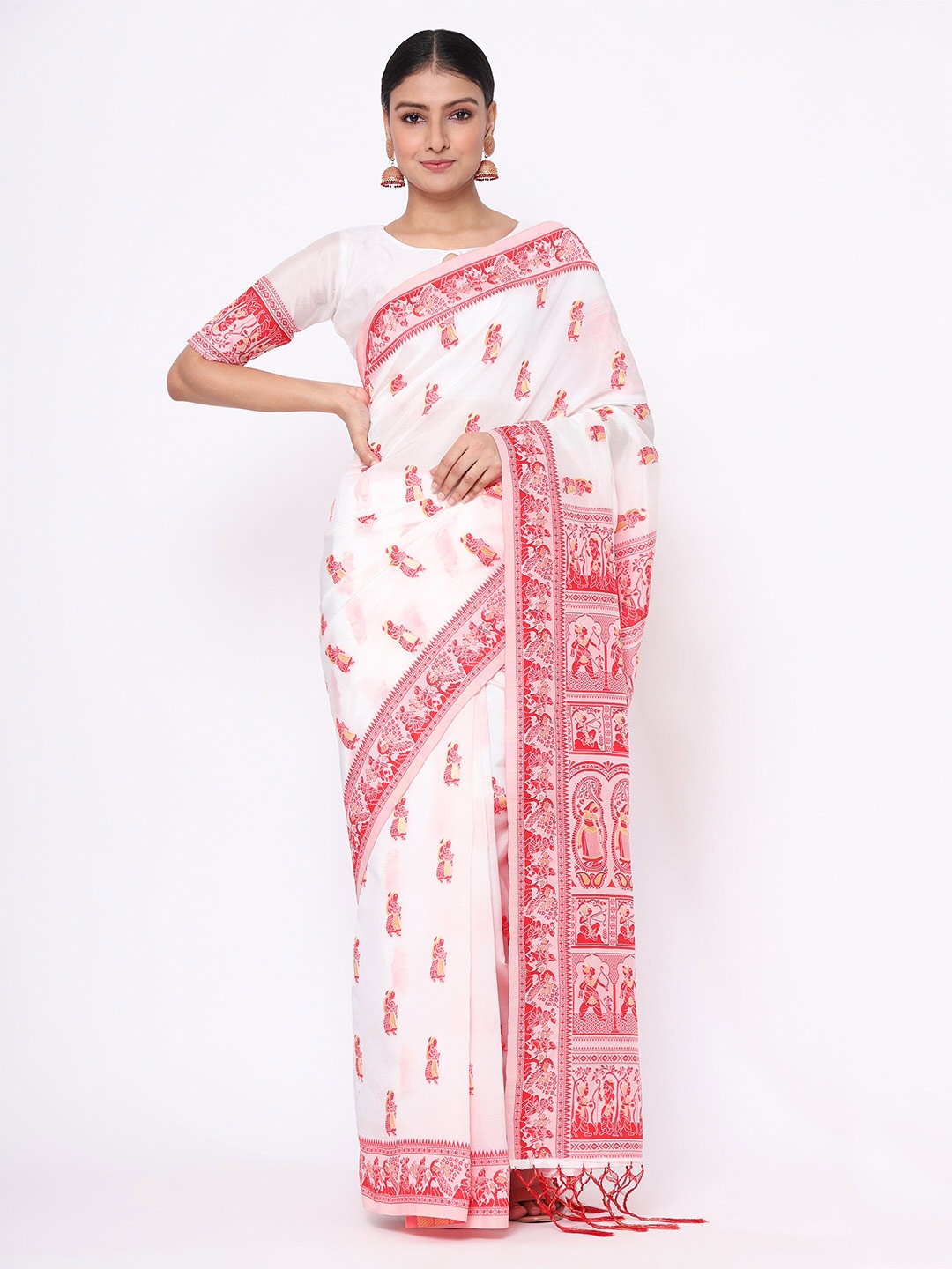 

KALINI Ethnic Motifs Silk Blend Banarasi Saree, White
