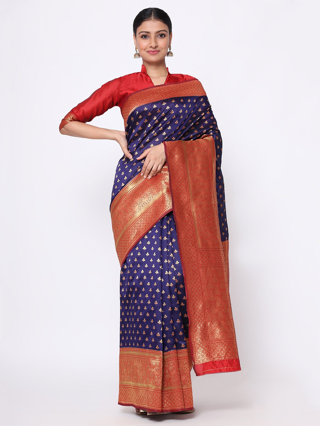 

KALINI Woven Design Zari Silk Blend Saree, Navy blue