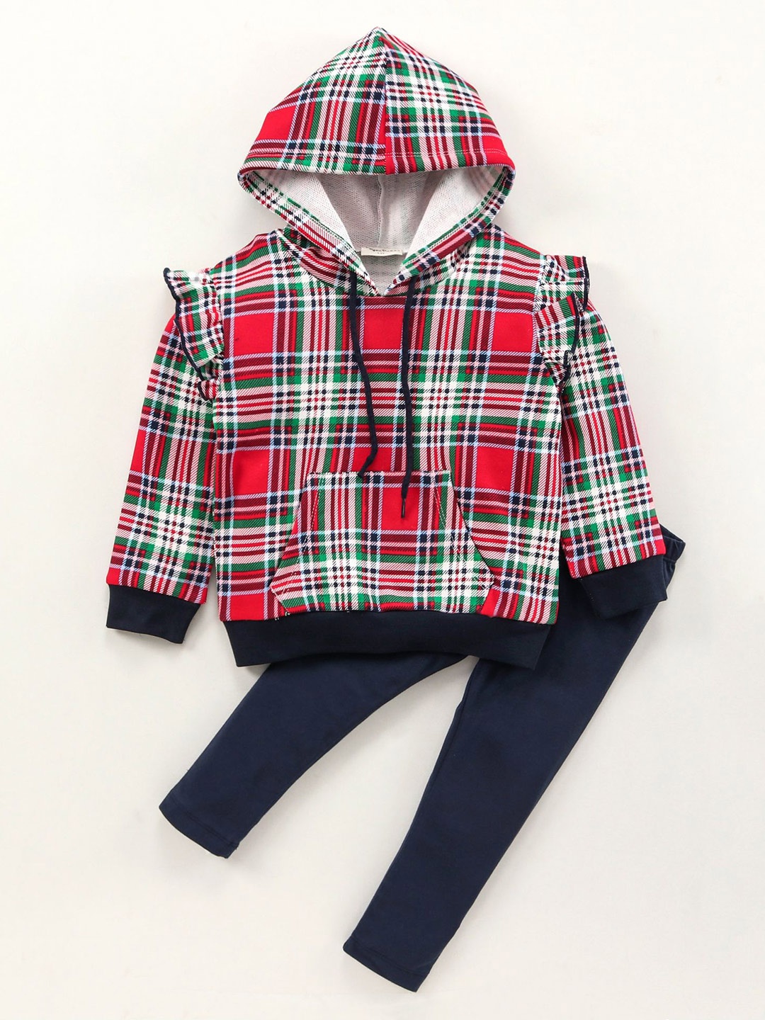 

CrayonFlakes Kids Checked Cotton Hooded Top with Leggings Set, Red