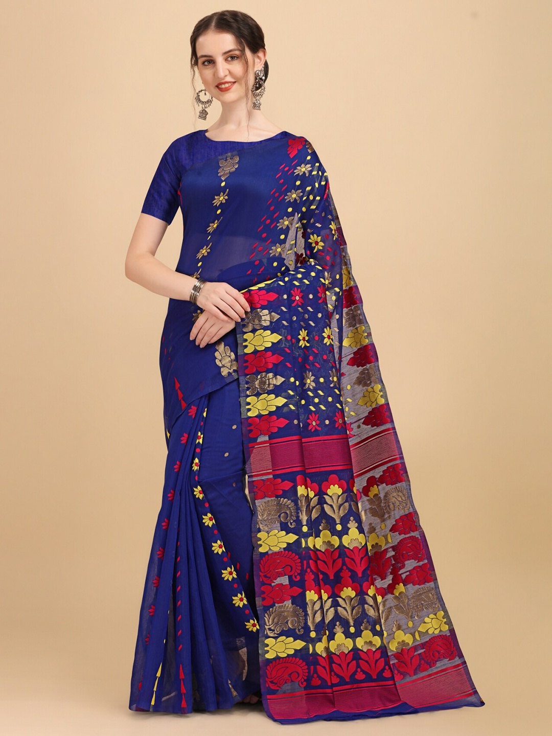 

TEREZA Ethnic Motifs Zari Silk Cotton Jamdani Saree, Blue