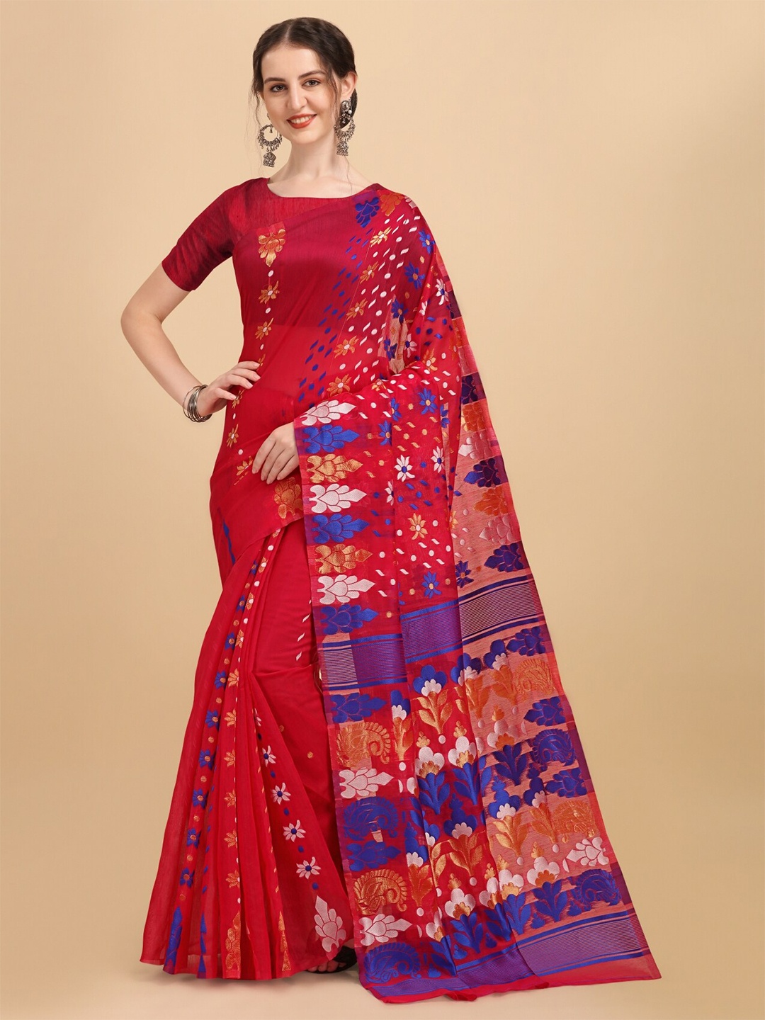 

TEREZA Ethnic Motifs Silk Cotton Jamdani Saree, Pink