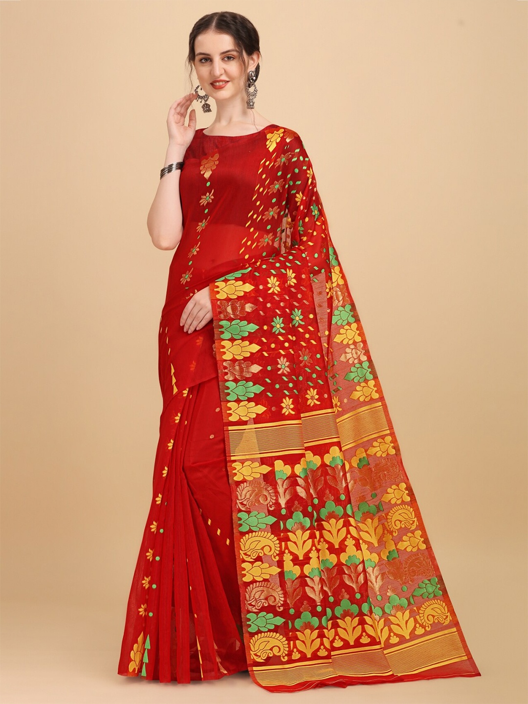 

TEREZA Floral Zari Silk Cotton Jamdani Saree, Red