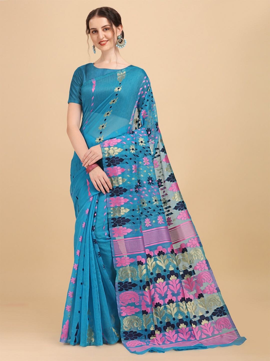 

TEREZA Ethnic Motifs Zari Silk Cotton Jamdani Saree, Turquoise blue