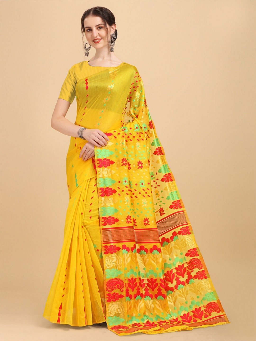 

TEREZA Ethnic Motifs Zari Silk Cotton Jamdani Saree, Yellow