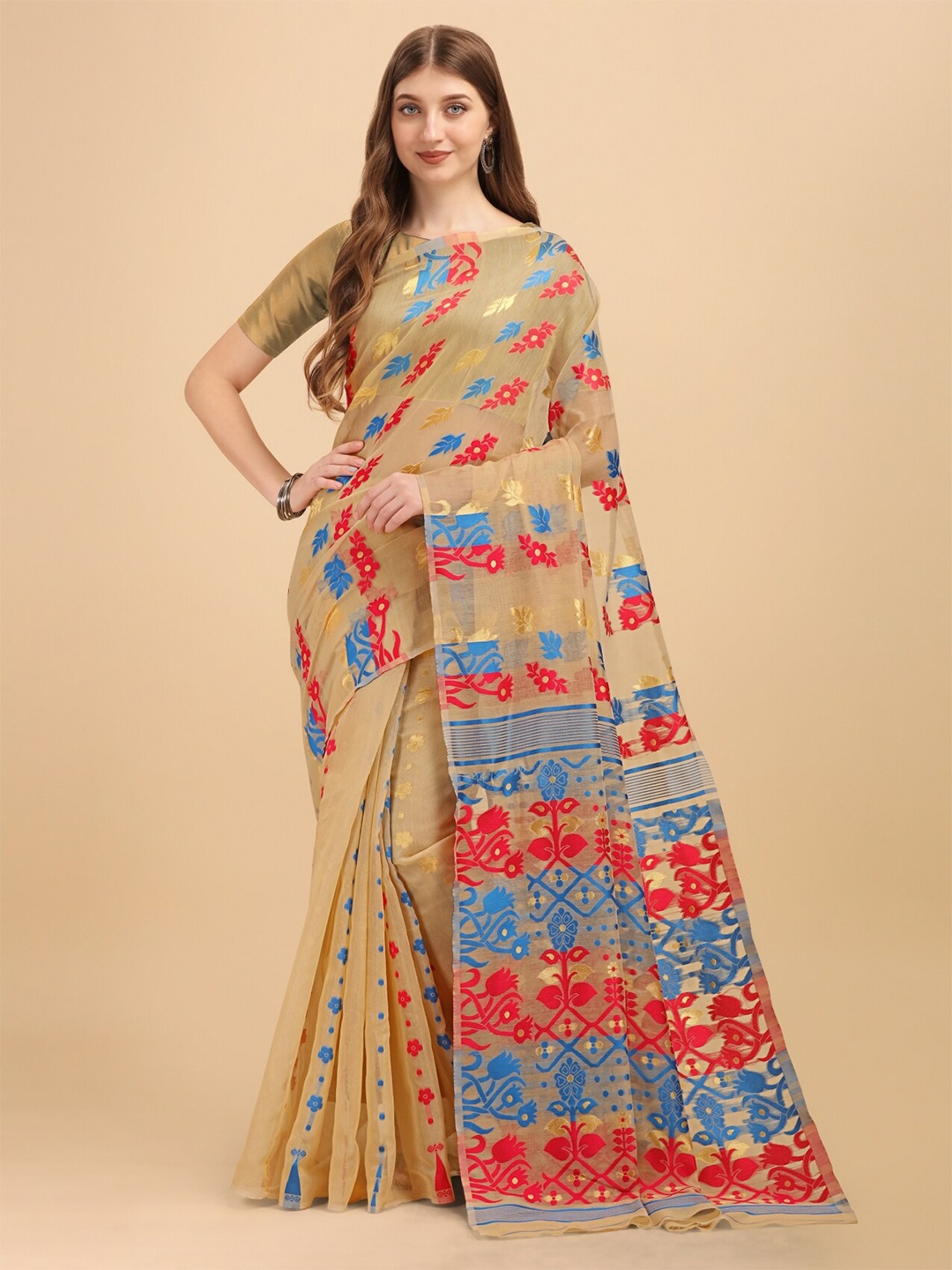 

TEREZA Ethnic Motifs Zari Silk Cotton Jamdani Saree, Cream