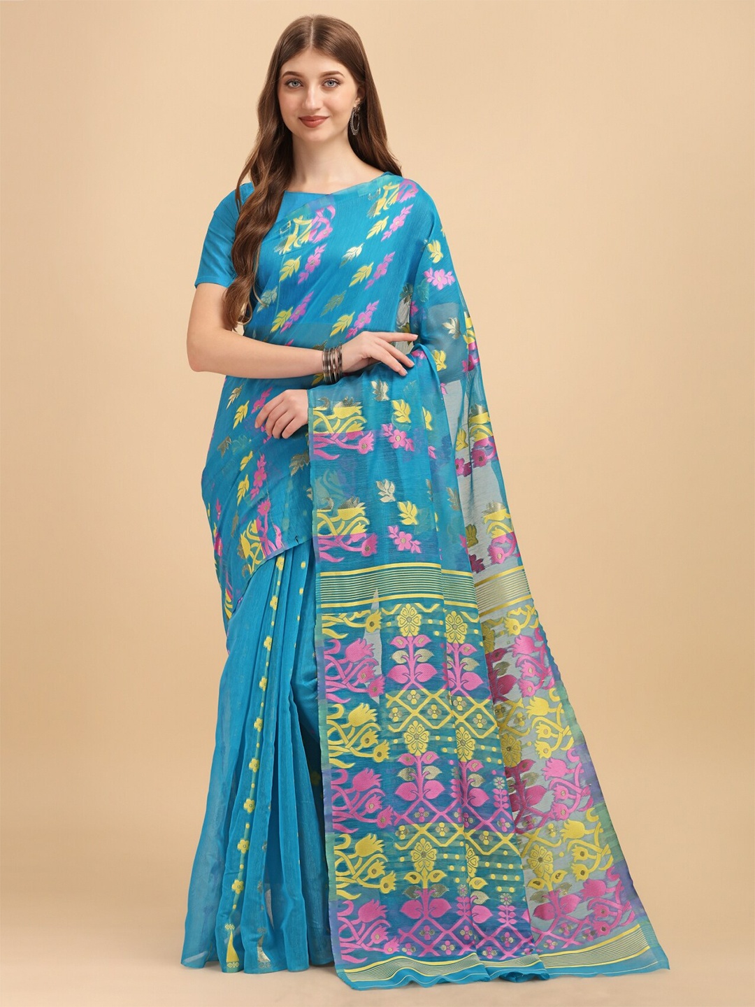 

TEREZA Floral Zari Silk Cotton Jamdani Saree, Turquoise blue