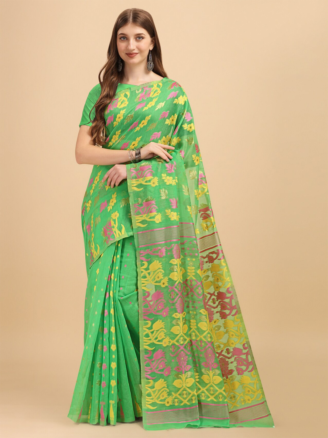 

TEREZA Ethnic Motifs Zari Silk Cotton Jamdani Saree, Fluorescent green