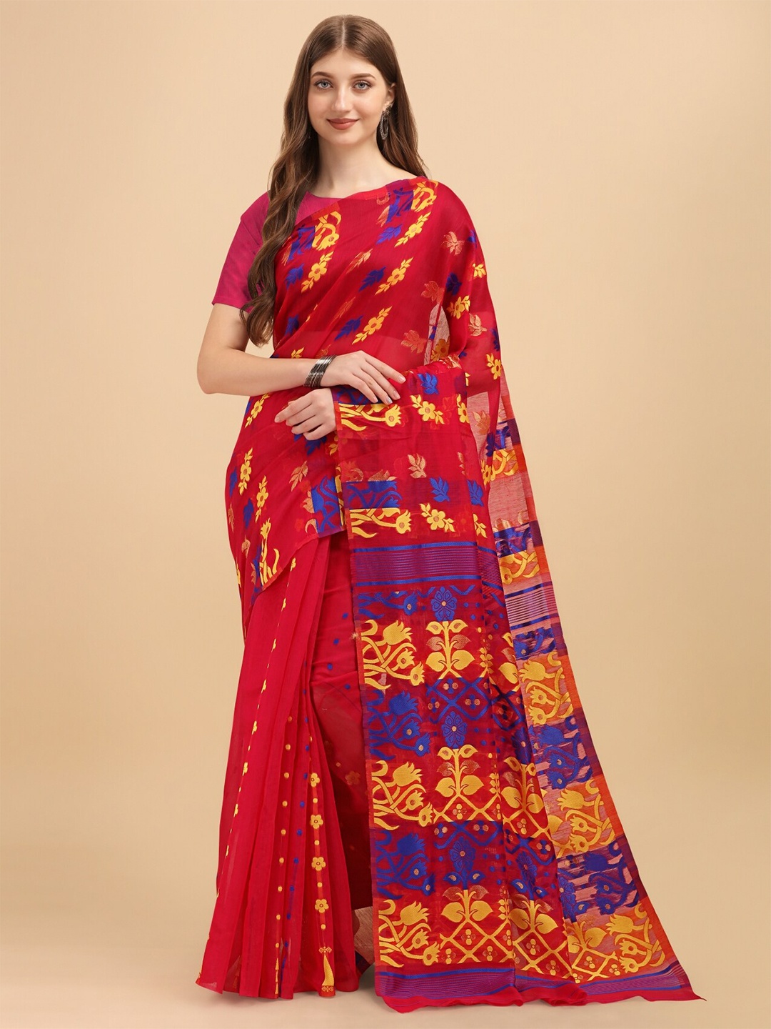 

TEREZA Floral Silk Cotton Jamdani Saree, Pink