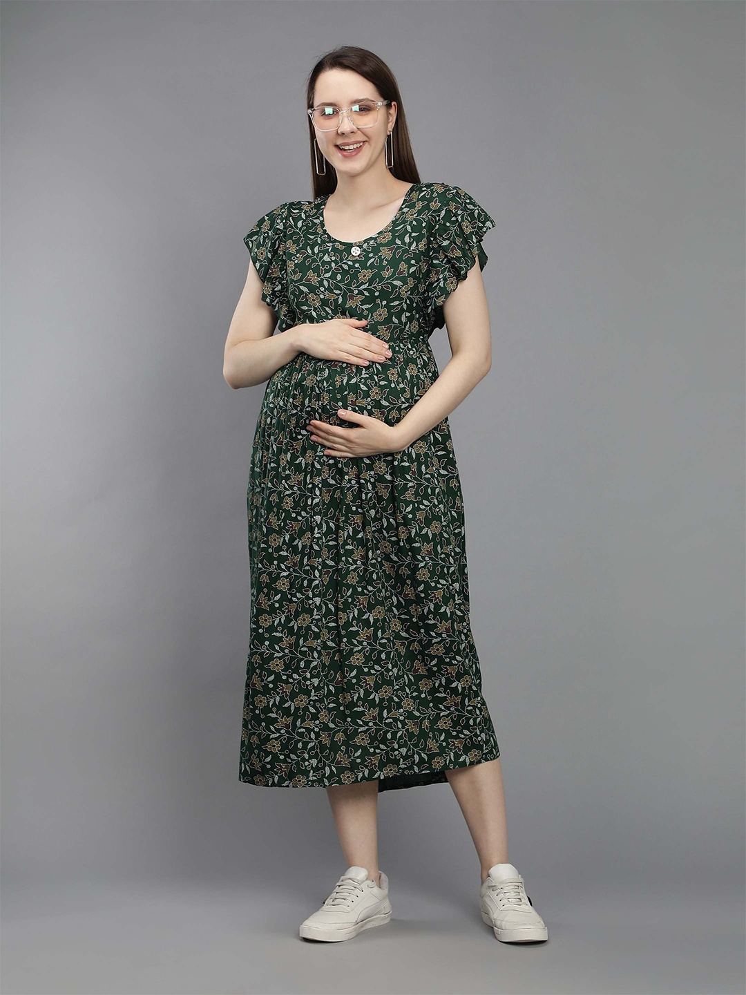 

NIGHTSPREE Green Floral Maternity A-Line Midi Dress