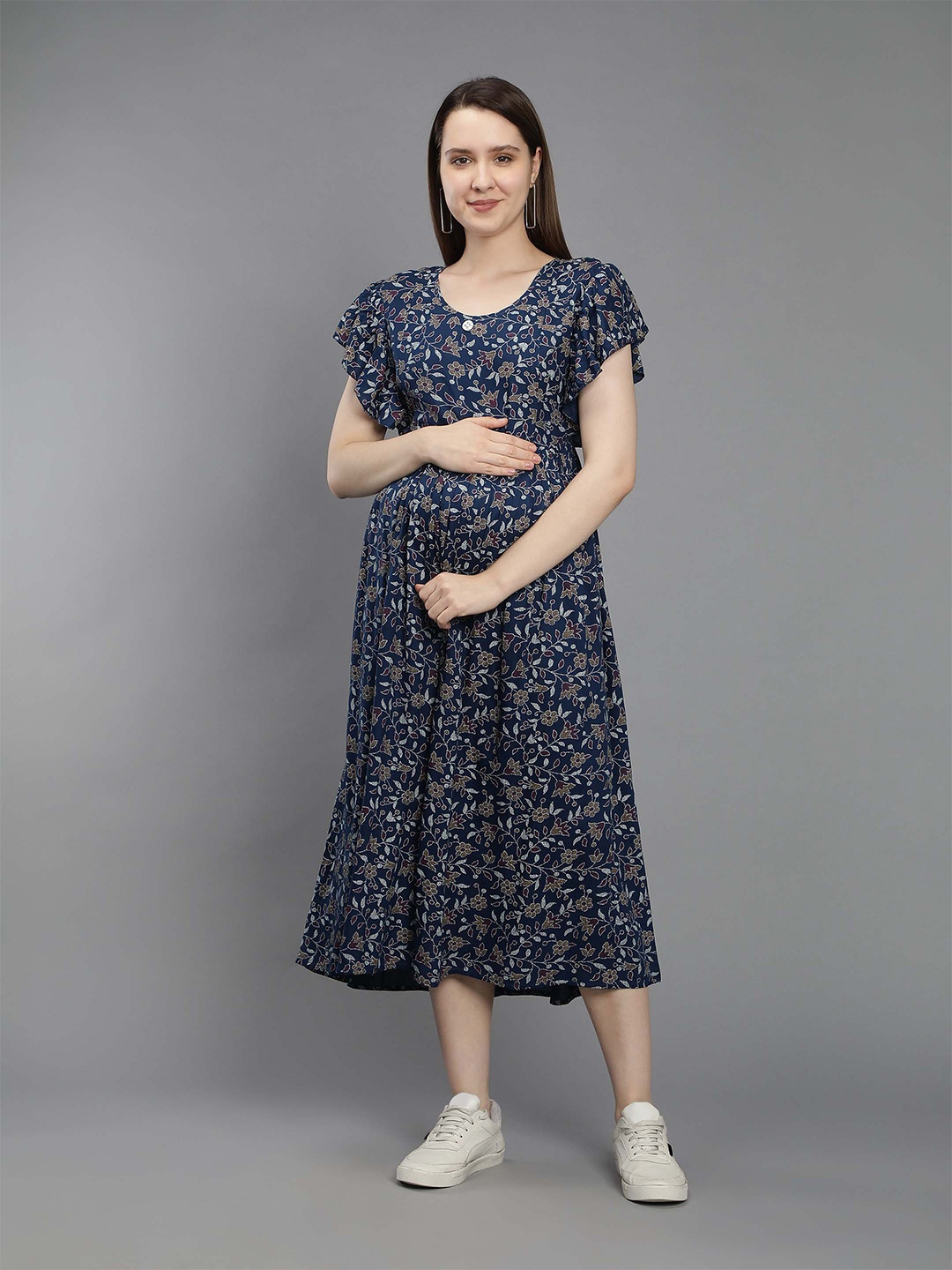 

NIGHTSPREE Floral Maternity A-Line Midi Cotton Dress, Blue