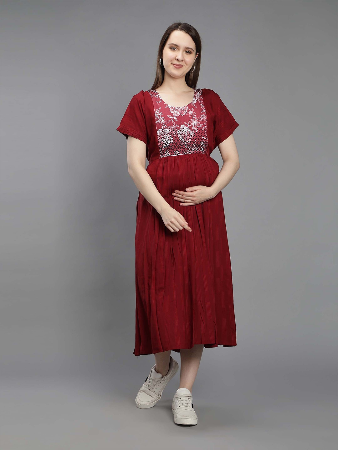 

NIGHTSPREE Floral Printed Maternity Empire Midi Dress, Maroon