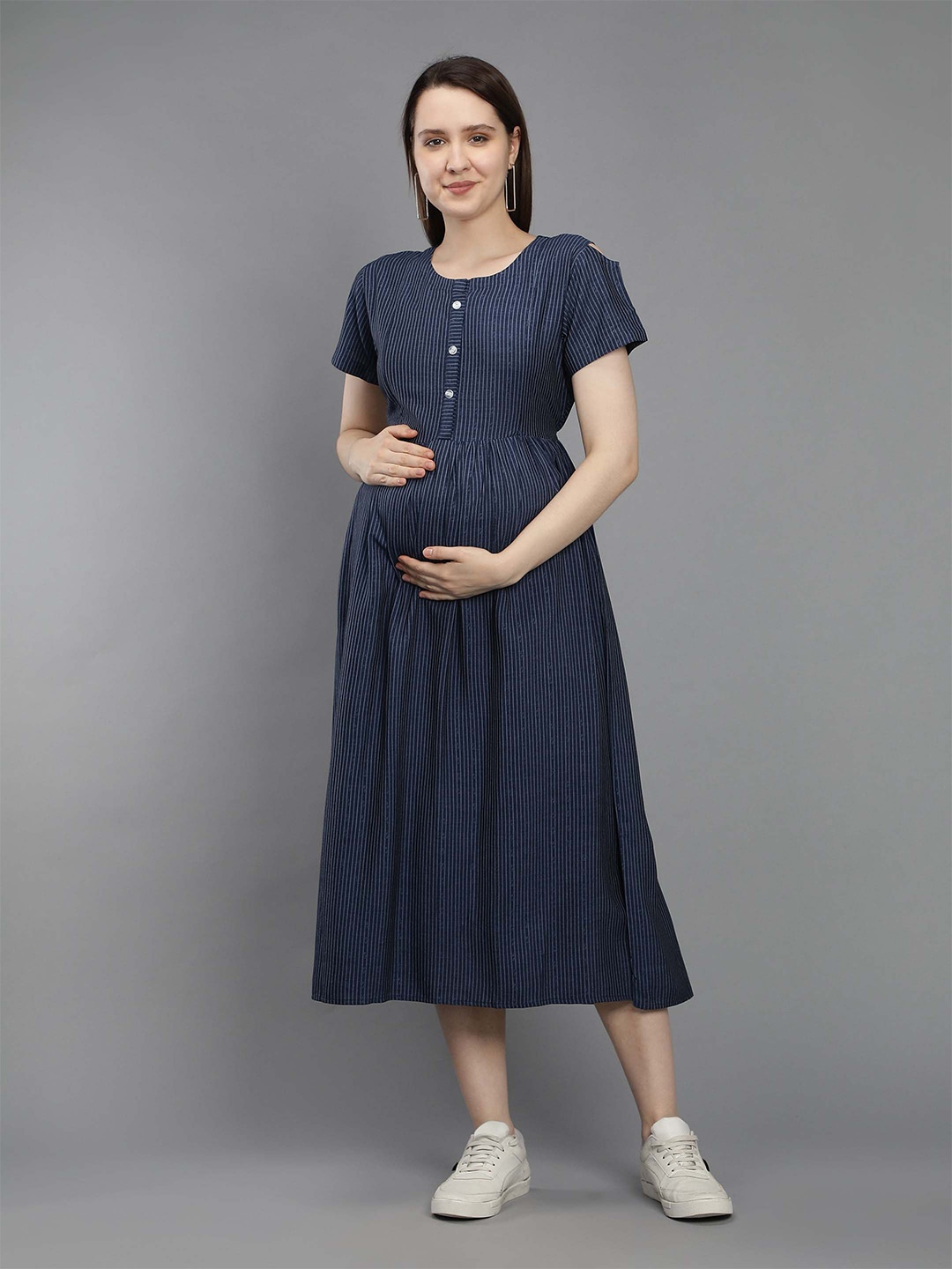 

NIGHTSPREE Liva Striped Maternity Midi Dress, Navy blue