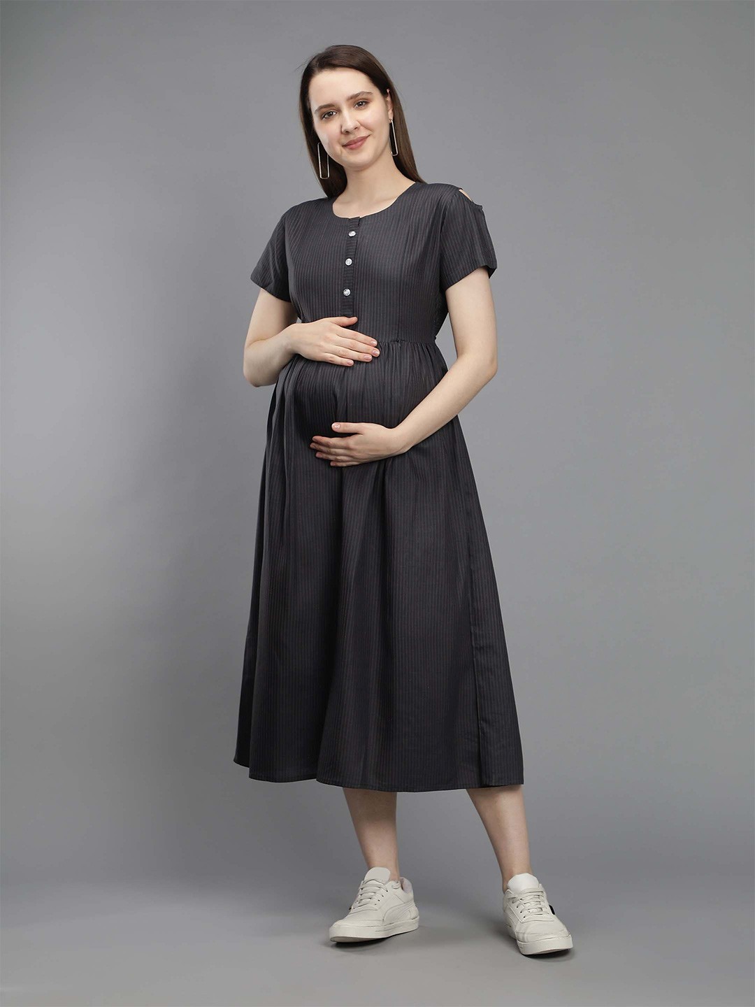 

NIGHTSPREE Liva Striped Maternity A-Line Midi Dress, Grey