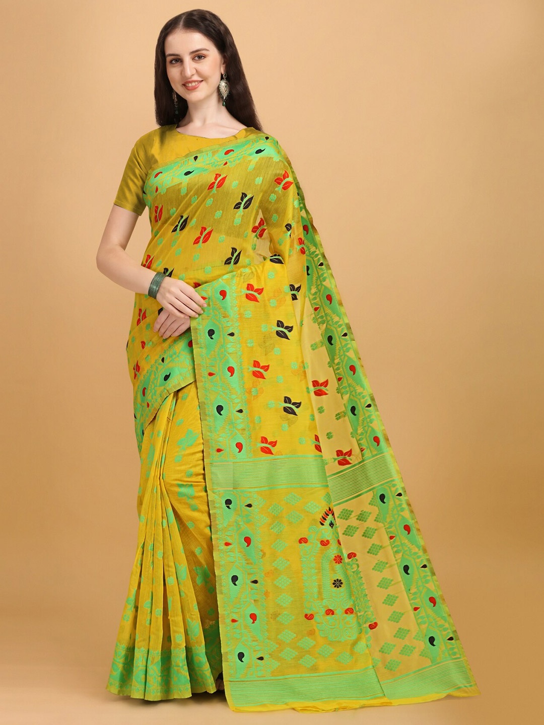 

TEREZA Ethnic Motifs Zari Silk Cotton Jamdani Saree, Yellow